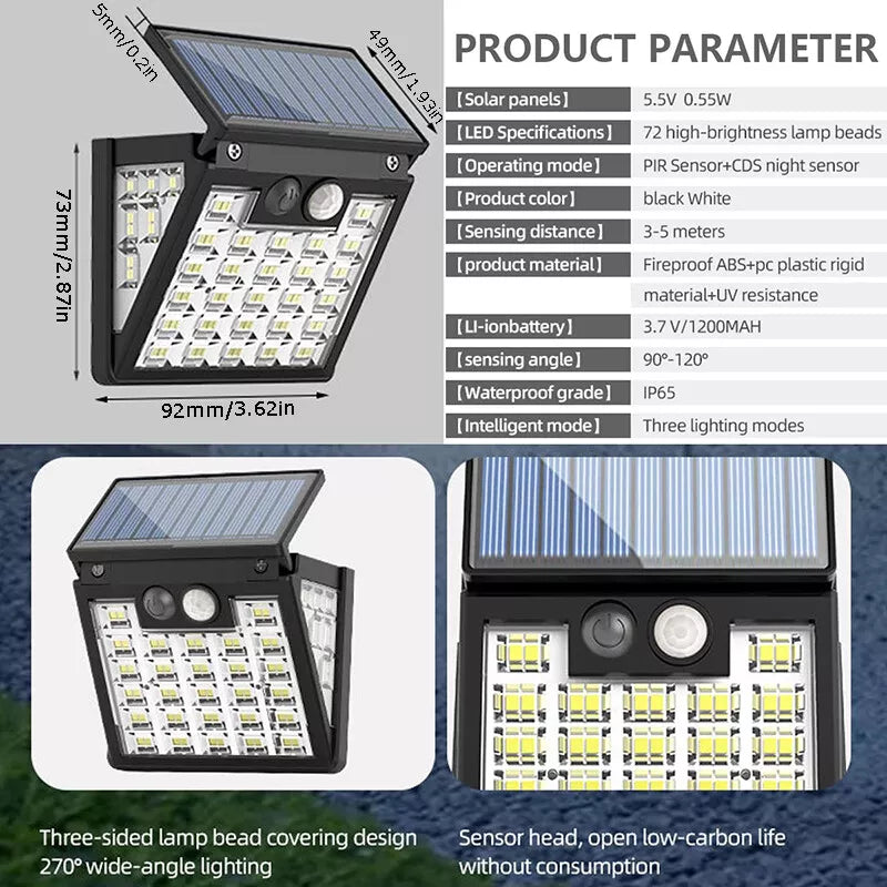 72Leds Solar Power PIR Motion Sensor Wall Light