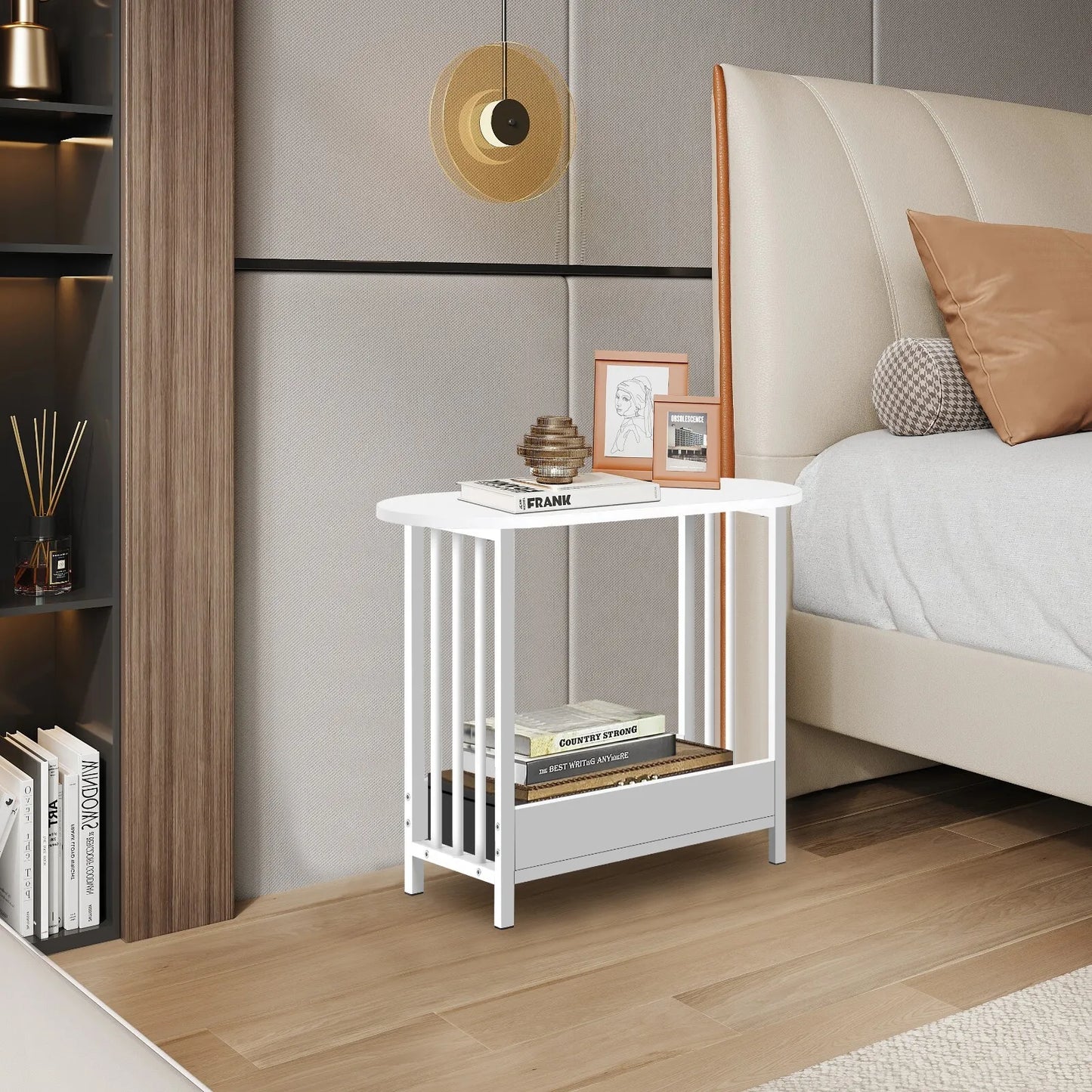 2 Tier White Narrow Bedside Table