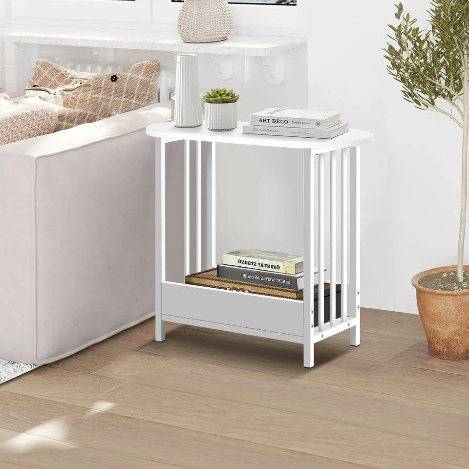 2 Tier White Narrow Bedside Table