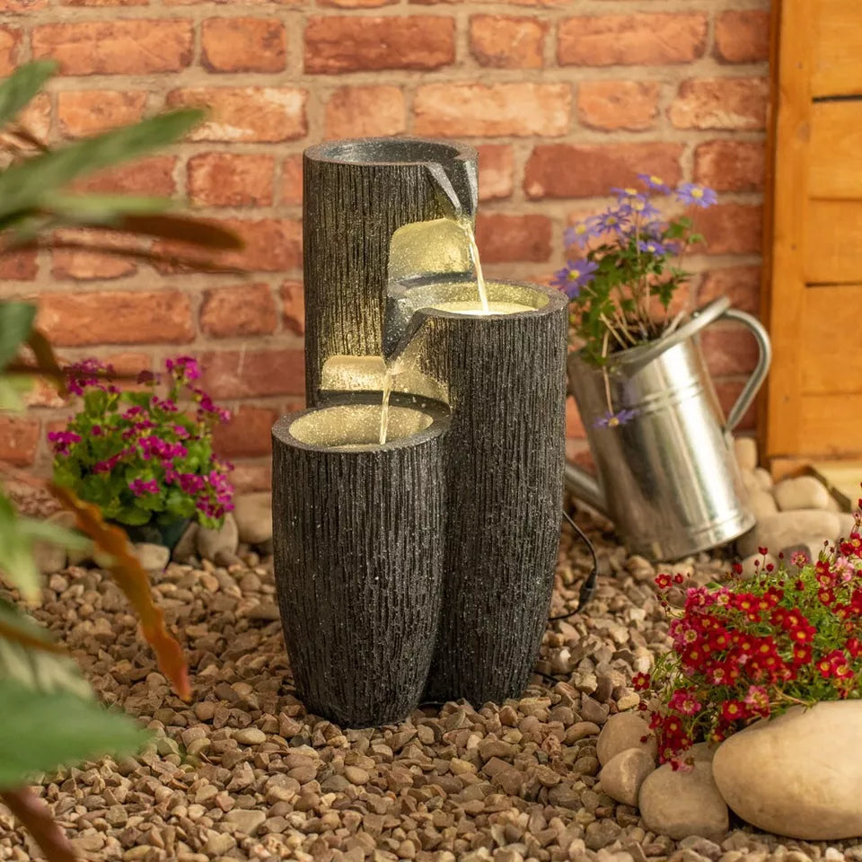 Grey Log Solar Water Fountain