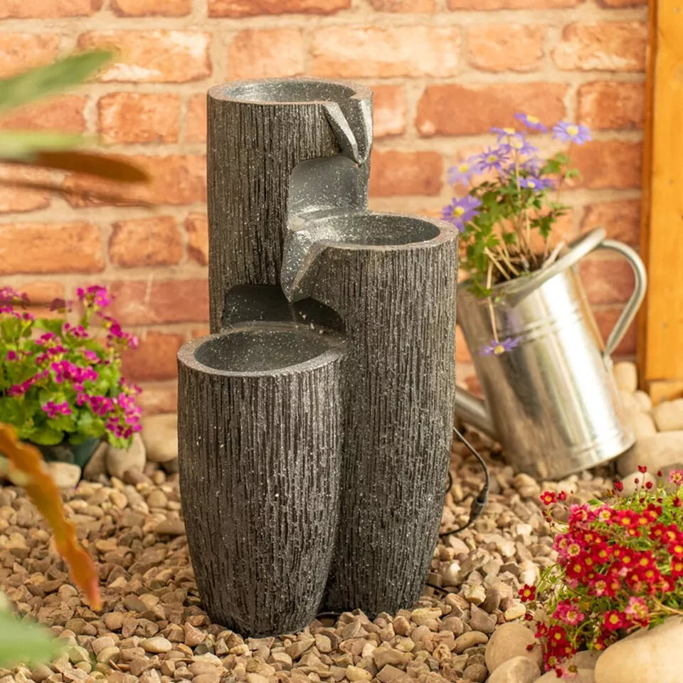 Grey Log Solar Water Fountain