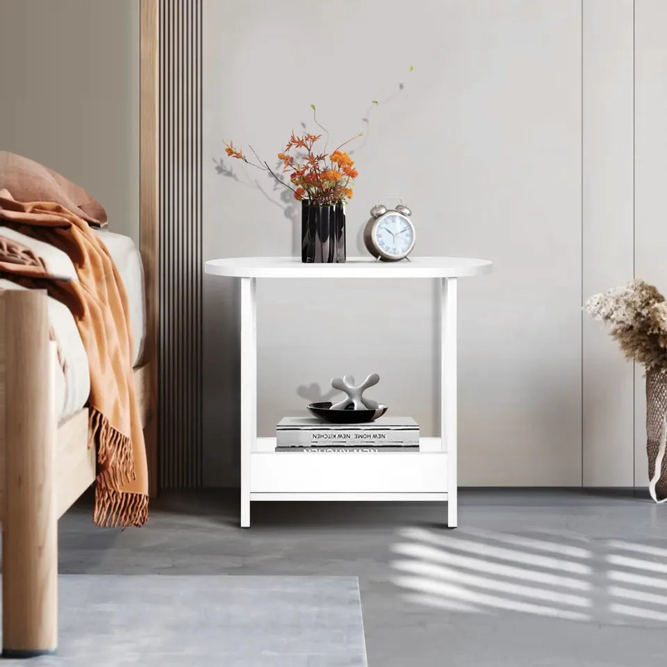 2 Tier White Narrow Bedside Table